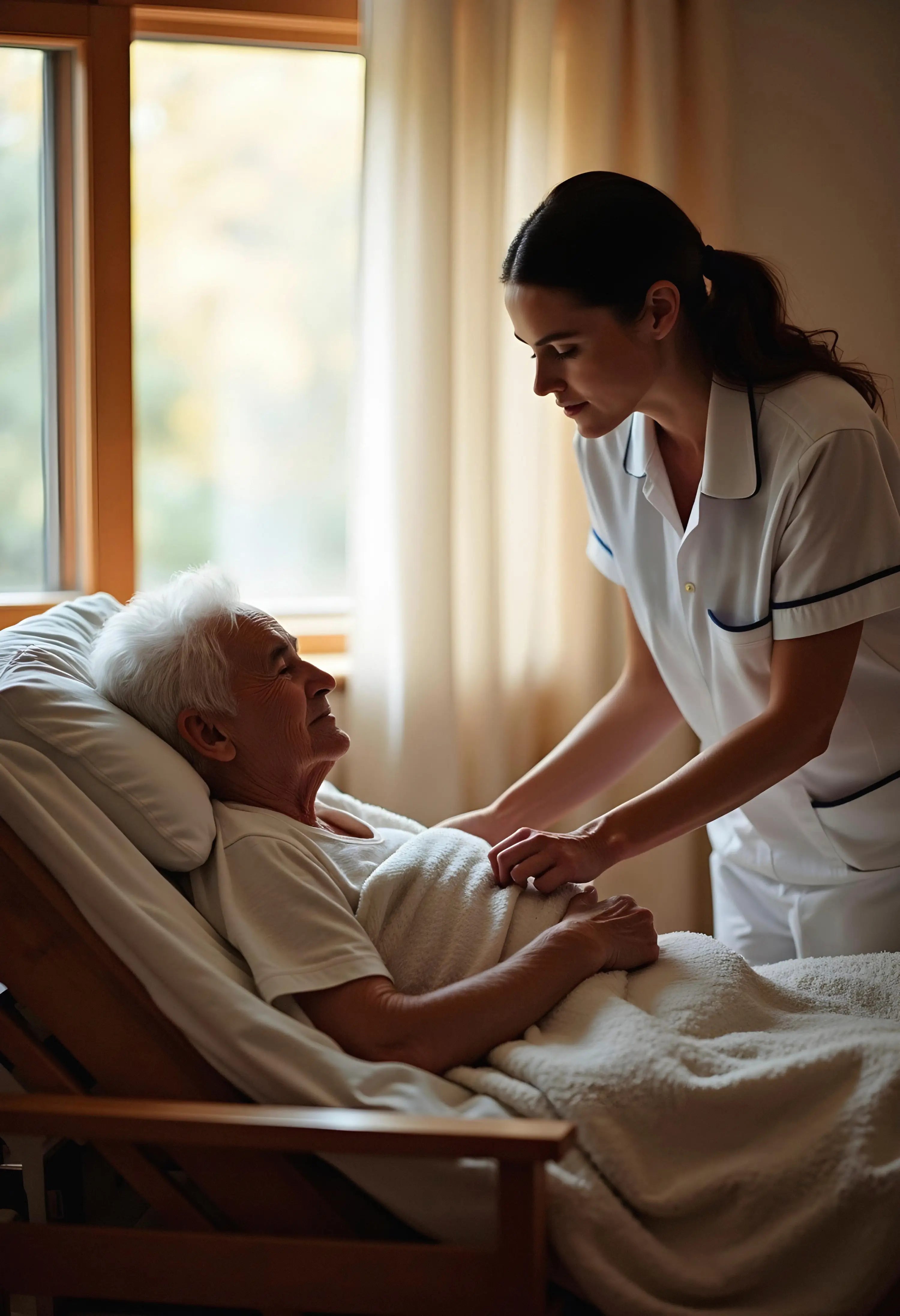 Nurse comforting an elderly patient in a home setting