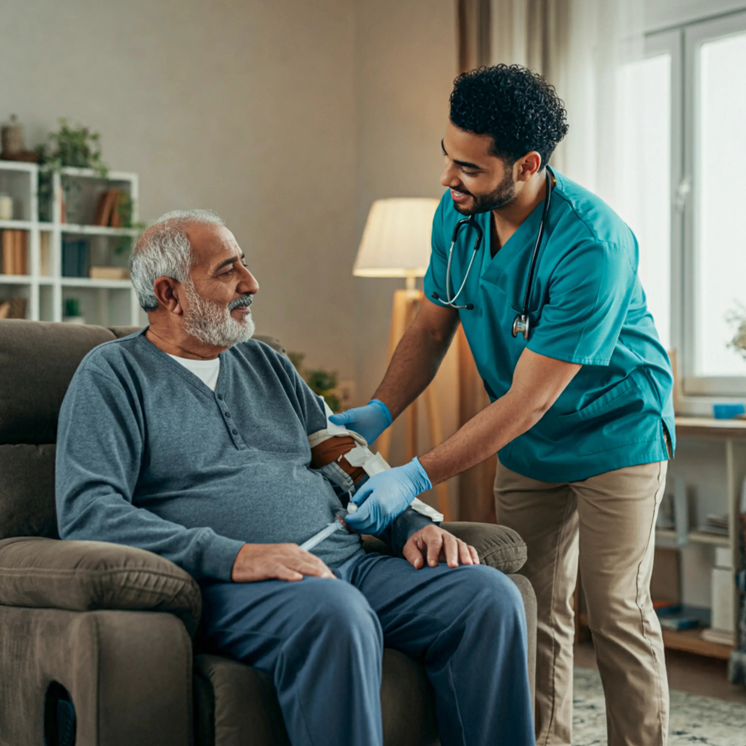 Doctor examining an elderly patient in a home setting