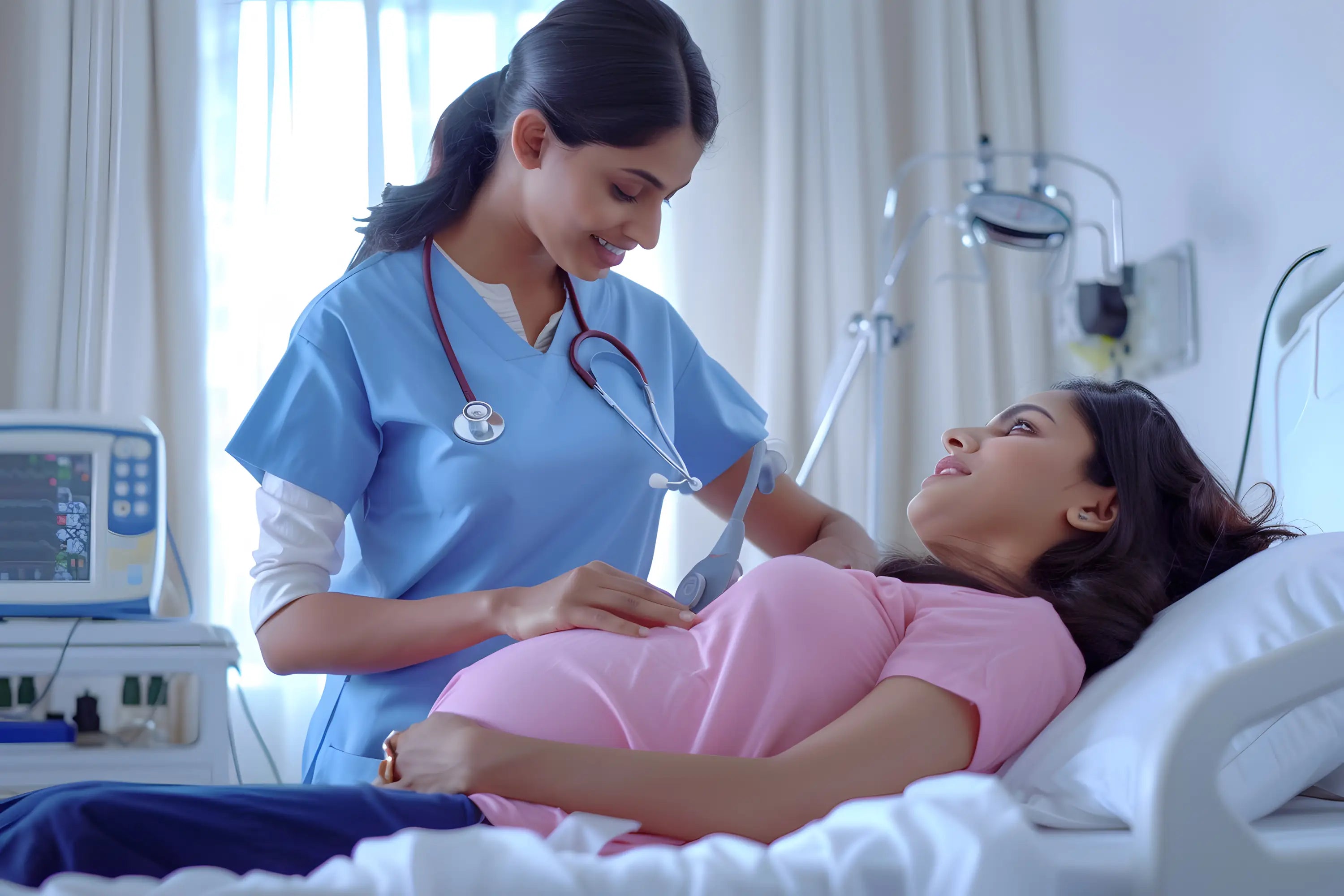 Pregnant woman in a hospital bed with a healthcare provider.