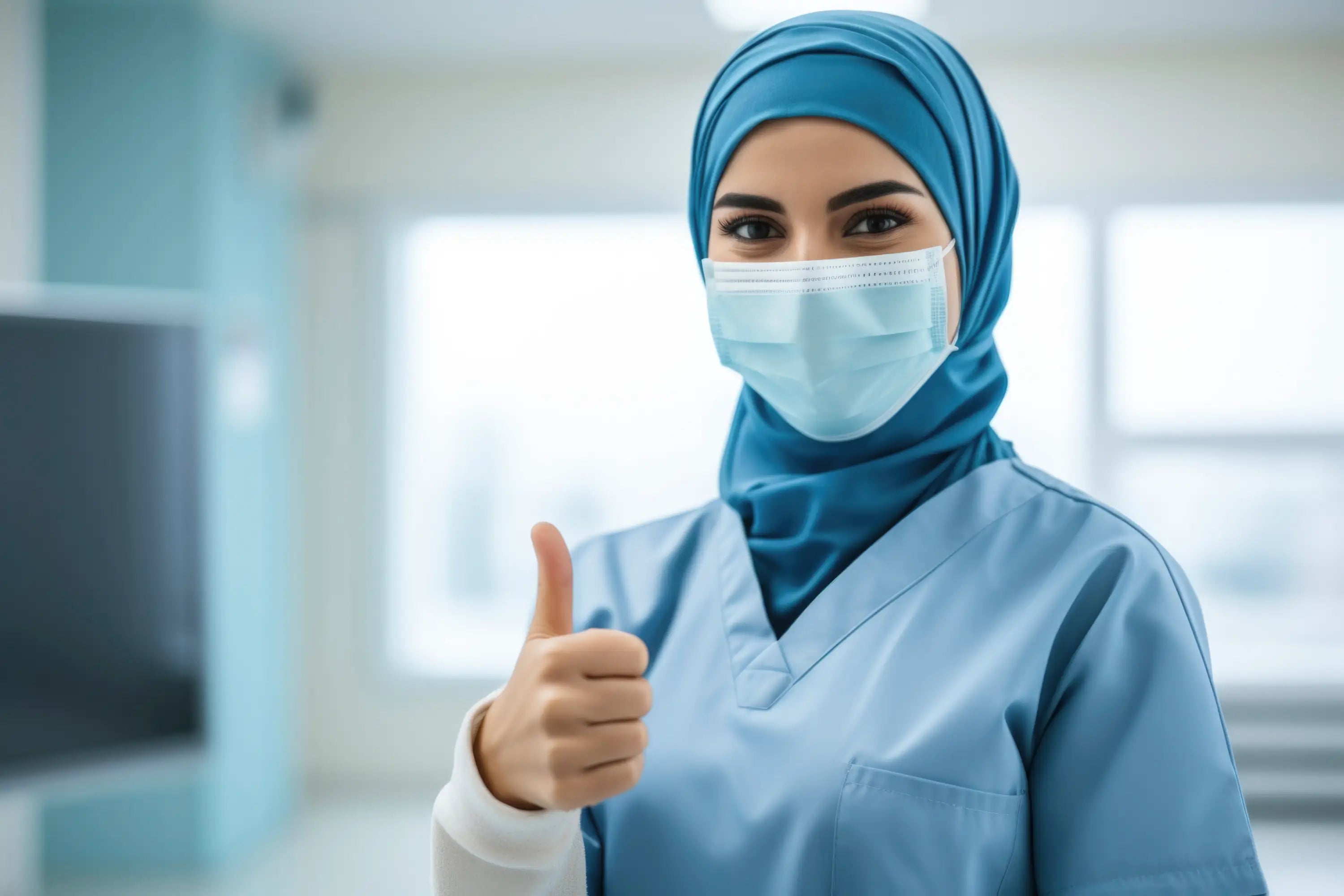 Person wearing a blue hijab and face mask, giving a thumbs-up in a clinical setting.