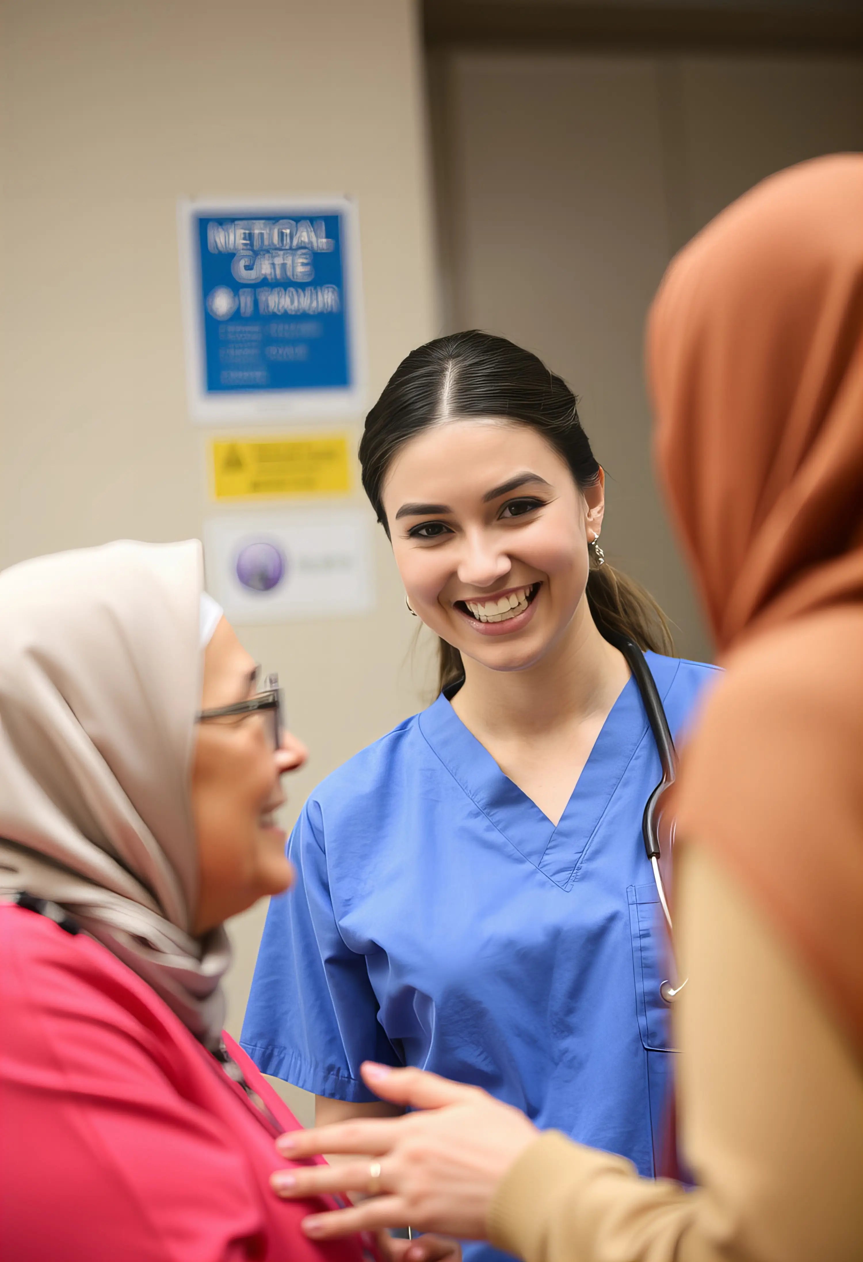 Woman in blue scrubs smiling and interacting with two other women in a medical setting.