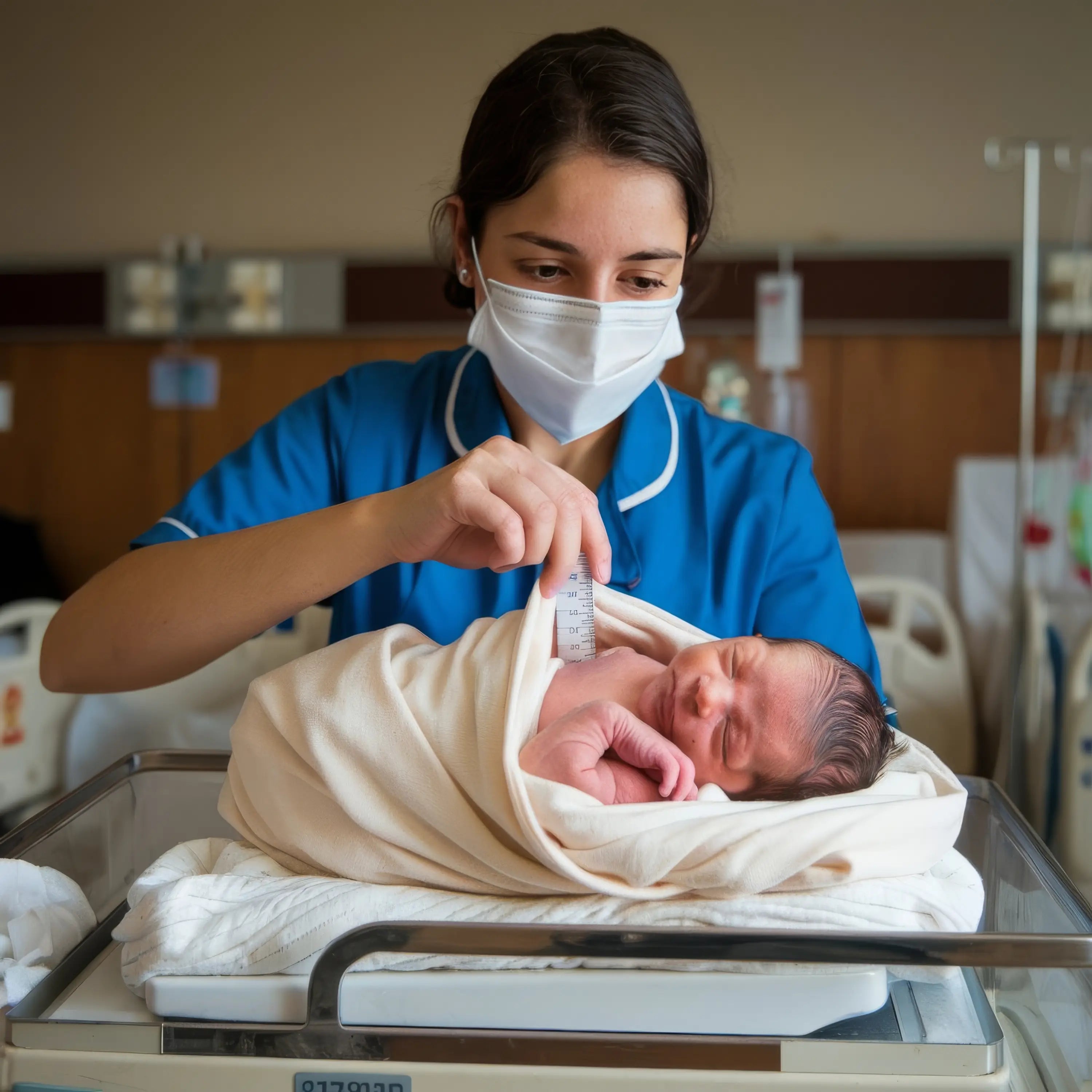 Une infirmière avec un bébé dans un hôpital, portant un masque.
