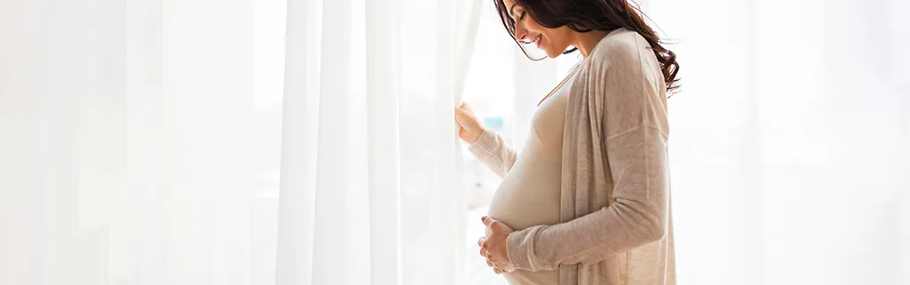 A joyful pregnant woman gently holding her baby bump while standing near a sunlit window.